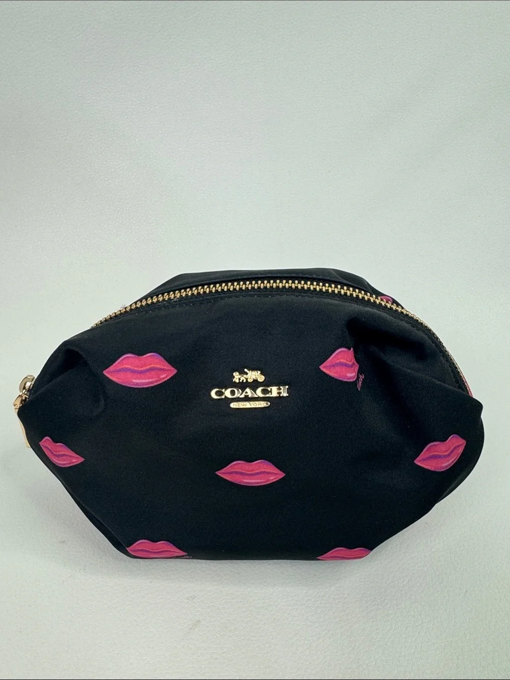 Coach Nylon Black Cosmetic Pouch with Pink Lip Motif Gold zipper & logo